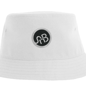 White bucket hat with black SnB logo